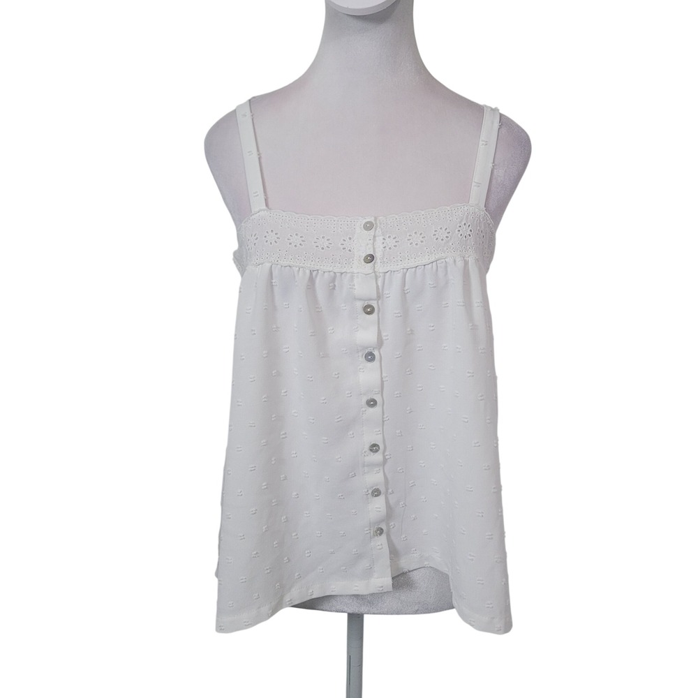 Laura Ashley Medium Camisole Women White Swiss‎ Dot Eyelet Button Front Top Y2K